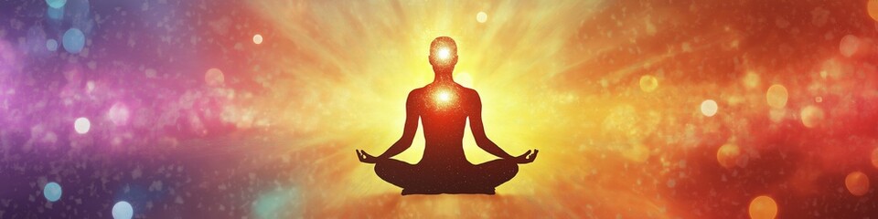 A person is sitting in a lotus position with their eyes closed. The background is a colorful, starry sky. Concept of peace and tranquility