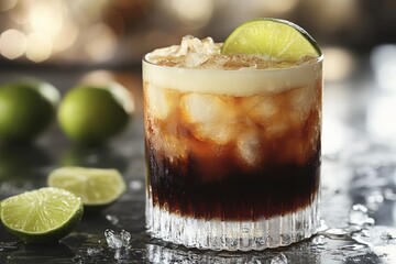 A transparent glass holds a vibrant dirty soda layered with cream and topped with a fresh lime wedge. Scattered lime slices and natural lighting highlight the drink's textures and colors