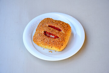 Turkish pastry product , tasty pogaca, acma . Simit, gevrek. Turkish Pastries; peynirli, patatesli, kasarli pogaca, sosili acma, dereotlu pogaca,  borek, acma, ay coregi at patisserie showcase.