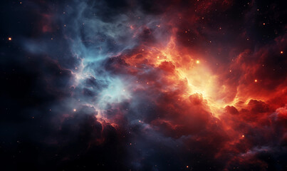 Naklejka premium Stunning Cosmic Nebula – Fiery Red and Blue Interstellar Cloud in Deep Space, Galactic Explosion, and Celestial Wonders for Sci-Fi, Astronomy Wallpapers, Posters, and Digital Art