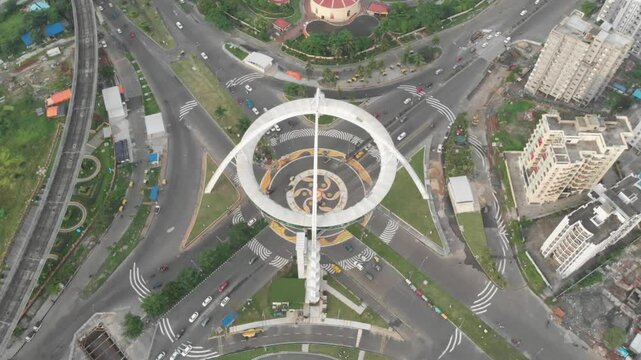 Kolkata Biswa Bangla New Town Sector 5 Salt Lake view drone footage aerial view. Indian roads and landmarks of subcontinent empty roads.