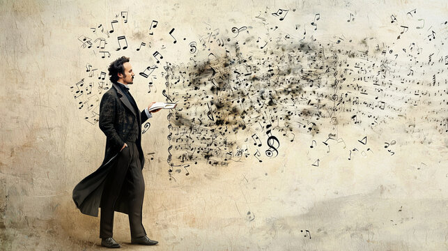 Symphonic Composer Portrait with Musical Notes and Sheet Music