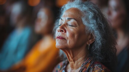 Obraz premium Serene woman meditates in church, audience blurred