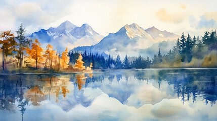 Fototapeta premium Tranquil autumn reflection on mountain lake nature landscape serene environment scenic view watercolor art