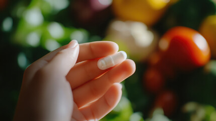 Naklejka premium Close-up of hand holding a softgel capsule in natural light