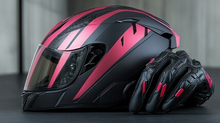 Fototapeta premium Pink-striped helmet, gloves, studio, safety gear, advertisement