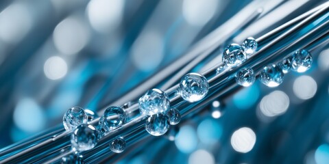 Metallic rods supporting glistening water droplets, reflecting soft blue and white hues with delicate, luminous spherical shapes against blurred background