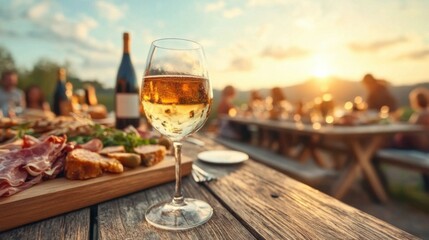 Relaxing outdoor dining experience with wine and gourmet food at sunset scenic countryside setting lifestyle warm atmosphere inviting viewpoint