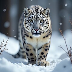 Obraz premium Snow leopard in natural habitat on blurred background of snowy forest in winter. Horizontal concept of natural beauty of animal