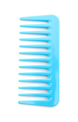 One light blue plastic comb isolated on white, top view