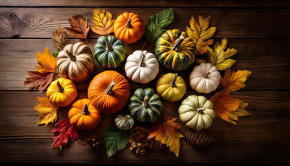 thanksgiving season nonetheless life with colourful small pumpkins acorn squash fruit and fall leaves over rustic timber background