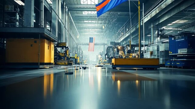 American flag hangs in a deserted, dimly lit industrial factory at night, with machinery lining the sides and a wet floor reflecting the lights, creating a somber and patriotic atmosphere