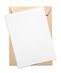 Envelope with card isolated on white, top view. Mockup for design