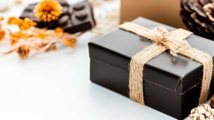 Small black gift box with jute twine bow