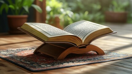Quran open on stand, sunlit room, peaceful reading