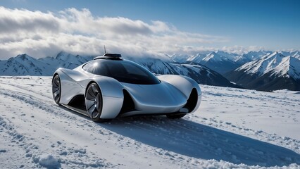 Naklejka premium A futuristic, sleek, silver car designed for snowy terrain, with a minimalist and aerodynamic design. The car is set against a backdrop of snow-covered mountains