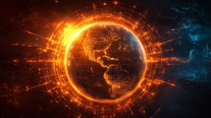 Obraz premium Dynamic Digital Representation of Earth with Binary Patterns and Vibrant Orbital Effects