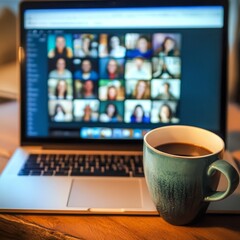 laptop displaying video conference with multiple participants and coffee cup nearby creates cozy work environment