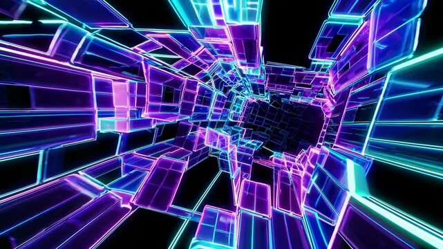 A collapsing neon-lit cube structure floating in deep cyberspace, symbolizing digital transformation and futuristic architecture. Concept of data deconstruction and cybernetics