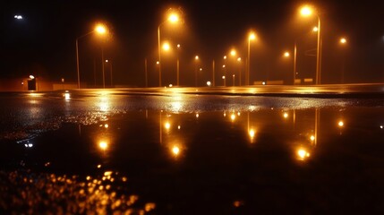 A serene night  an empty car park under rainy skies with reflective puddles and warm lights