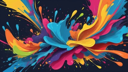 Obraz premium Vibrant splashes of paint in bold colors like blue, yellow, red, and orange burst dynamically against a dark background. 
