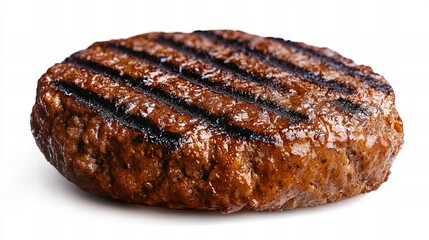 A single, cooked hamburger patty with grill marks is centered on a white background.