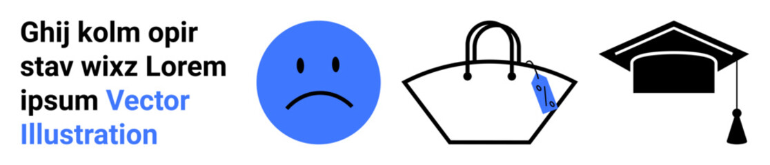 Blue sad face circle, minimalist handbag with visible label tag, and black graduation cap with tassel. Ideal for education, shopping, emotions, fashion, graduation learning and career themes. Flat
