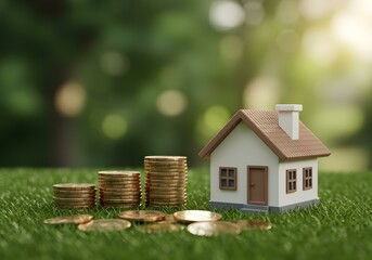 Property value and wealth concept with detailed 3D house and coins
