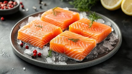 Fresh salmon fillets on ice, kitchen setting, recipe ingredient