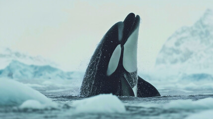 Fototapeta premium Majestic orca whale breaching ocean surface with snow-capped mountains in background showcasing marine wildlife in natural Arctic habitat