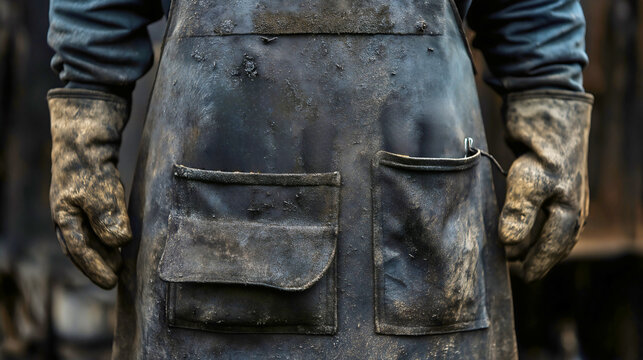 Traditional blacksmith leather apron with worn tools and gloves showing craftsmanship heritage and metalworking artisan profession