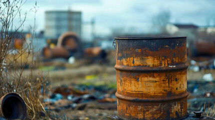 Rusty industrial barrel in abandoned wasteland highlighting environmental pollution and toxic waste disposal issues requiring urgent cleanup and restoration