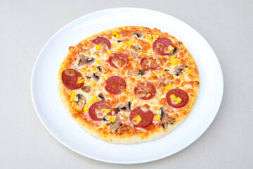 Traditional Turkish cuisine. Pizza, pita, pidesi, sucuk, hummus, kebab. Many dishes on the table. Serving dishes in restaurant. Margherita,  mix, formaggi, veggie karisik pizza. Top view, flat lay