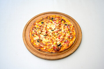 Traditional Turkish cuisine. Pizza, pita, pidesi, sucuk, hummus, kebab. Many dishes on the table. Serving dishes in restaurant. Mix, formaggi, veggie pizza. Top view, flat lay