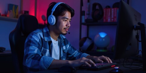 Obraz premium Asian adult man gamer playing on computer, video gaming concept.