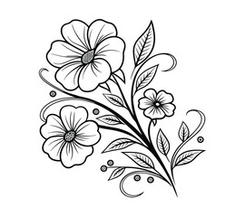 Create a highly detailed black-and-white line art illustration of a floral arrangement. The design should feature three large flowers with symmetrical petals, intricate circular centers.