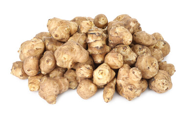 Fresh Jerusalem artichokes isolated on white. Root vegetable