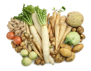 Many different root vegetables isolated on white, top view