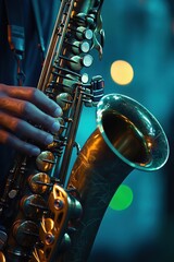 Fototapeta premium Saxophone Performance by Jazz Musician with Dramatic Green Lighting