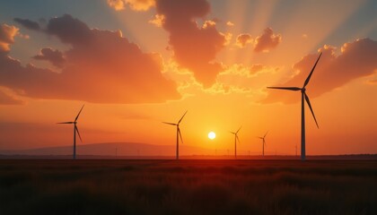 Wind turbines in field at sunset, renewable energy