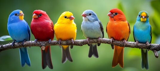 Adorable row of pastel-colored birds perched on a branch, showcasing a soft and delicate palette against a blurred natural background, perfect for spring or whimsical designs