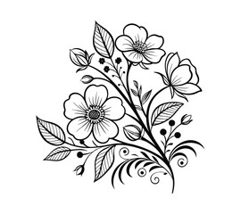 Create a highly detailed black-and-white line art illustration of a floral arrangement. The design should feature three large flowers with symmetrical petals, intricate circular centers.