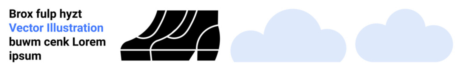 Black stylized shoes with stair detail alongside soft blue clouds creating a serene and stylish layout. Ideal for fashion, branding, minimalism, creativity, design, modern concepts, flat landing page