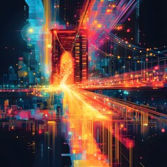 Obraz premium Dazzling Futuristic Cityscape with Radiant Light Trails Intersecting Over Illuminated Skyscrapers