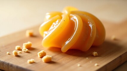 A golden-brown Dalgona candy glistens on a worn cutting board, its swirled patterns and toasted sugar grains exuding nostalgic warmth.