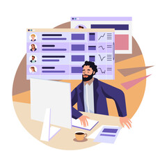 Vector, businessman in the office at the computer, team leader, HR, employee productivity check, colleagues. Vector illustration