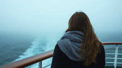 Fototapeta premium Woman in solitude looking out at ocean from boat deck - peaceful contemplative moment perfect for wellness and mental health concept imagery