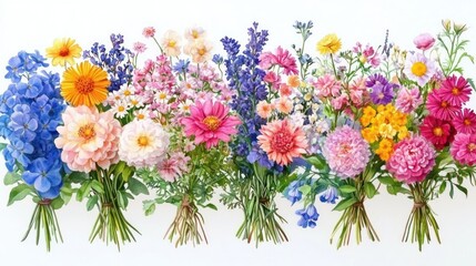 Vibrant Assorted Flower Bouquets with Garden and Wildflowers in Whimsical Watercolor Style