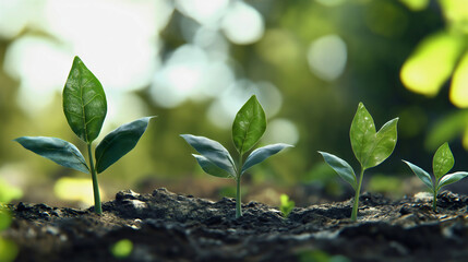Fresh green plant sprouts growing in fertile soil with a blurred forest background, symbolizing new life, environmental sustainability, and natural growth in spring