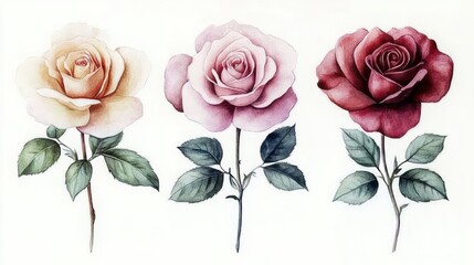 Watercolor Roses and Green Leaves in Soft Pastel Colors for Elegant Greeting Cards and Invitations